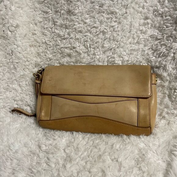 J Crew leather beige and tan clutch brass hardware. - Picture 2 of 11